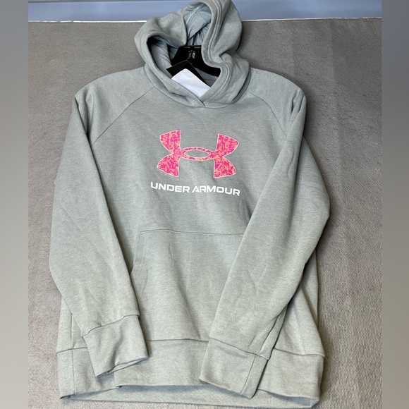 🆕 Youth Girls Large Under Armour Logo Hoodie Grey/Pink Fast Shipping - Picture 1 of 5